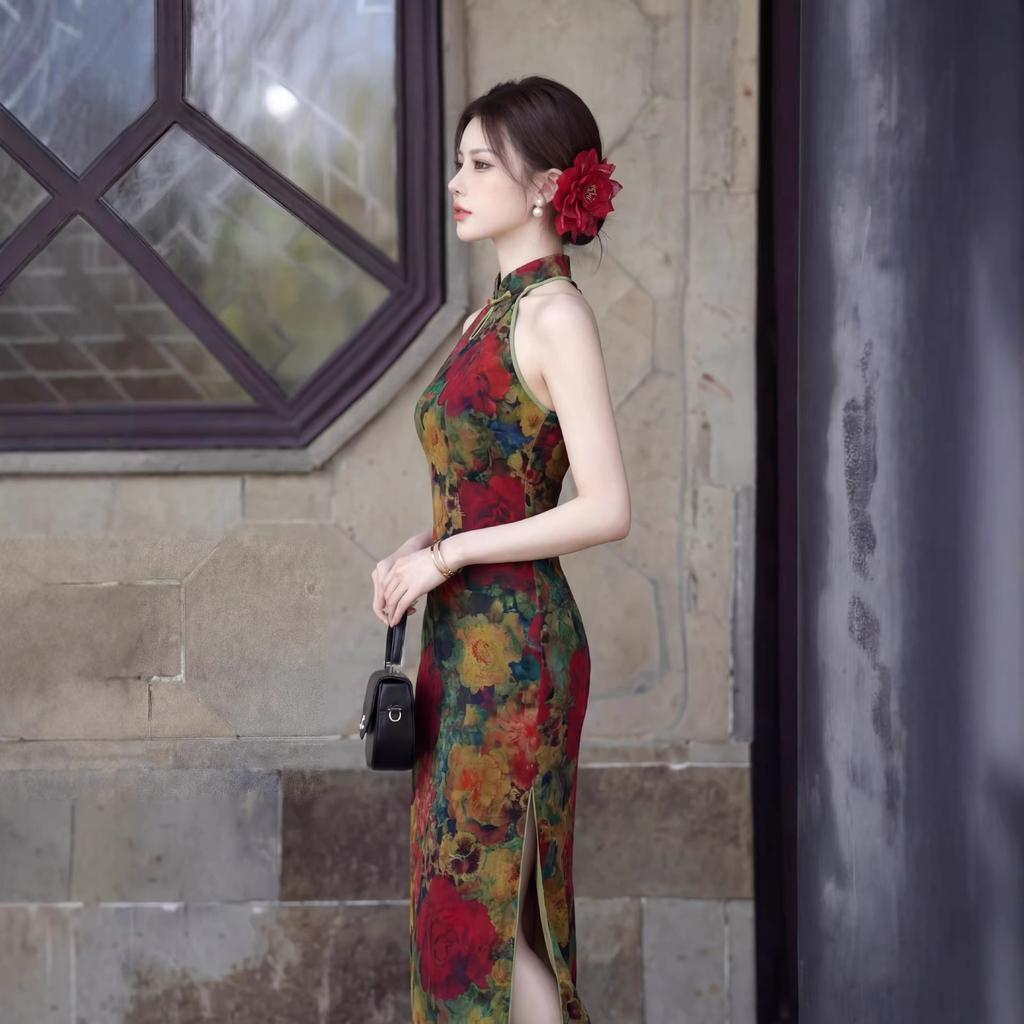 Beautiful young temperament retro style neck water drop collar cheongsam floral long daily senior sense thin dress