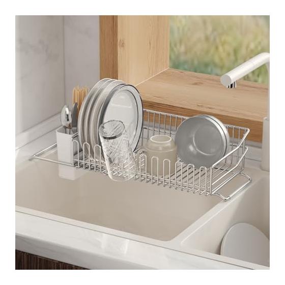 VOLPONE Dish Drying Rack, Over-the-Sink Dish Rack with Chopstick Holder, 304 Stainless Steel, Extendable (38.5-51.5cm Adjustable)