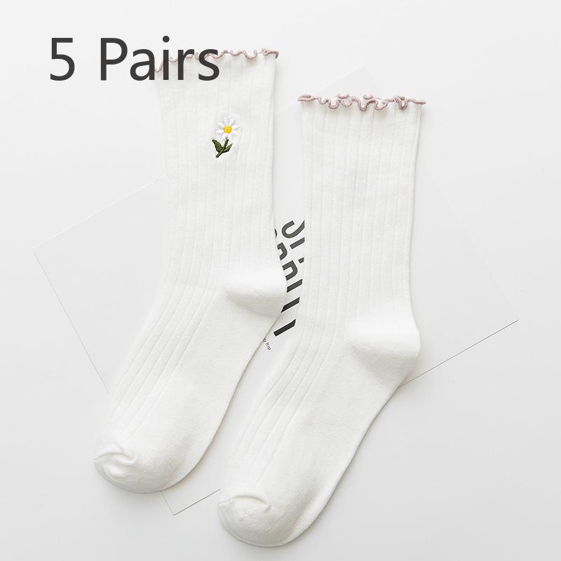 5 Pairs of Female Spring and Summer New Solid Color Wooden Ear Embroidery Roll Edge In The Tube Pile Socks