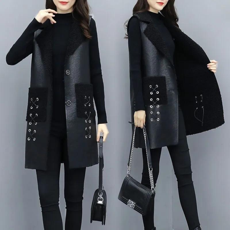 Women Winter PU Leather Vest Coat Female Thick Long Sleeveless Jacket Plus Size Overwear Top