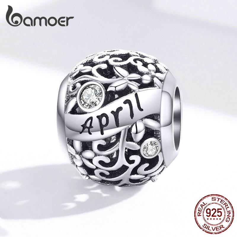 

BAMOER стерлингового серебра 925 пробы апрель день рождения камень круглые бусины подходят для женщин браслет DIY April