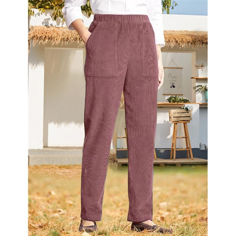 2026 New Women's Solid Color Elastic Waist Corduroy Straight Leg Casual Pants