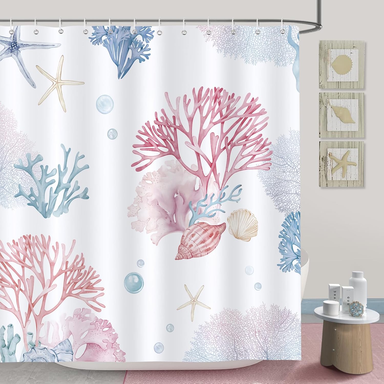 Textile Article Coral Ocean Themed Seahorse Seashell Starfish Beach Shower Curtain, Polyester Fabric Waterproof Bathroom Curtain With 12 Hooks