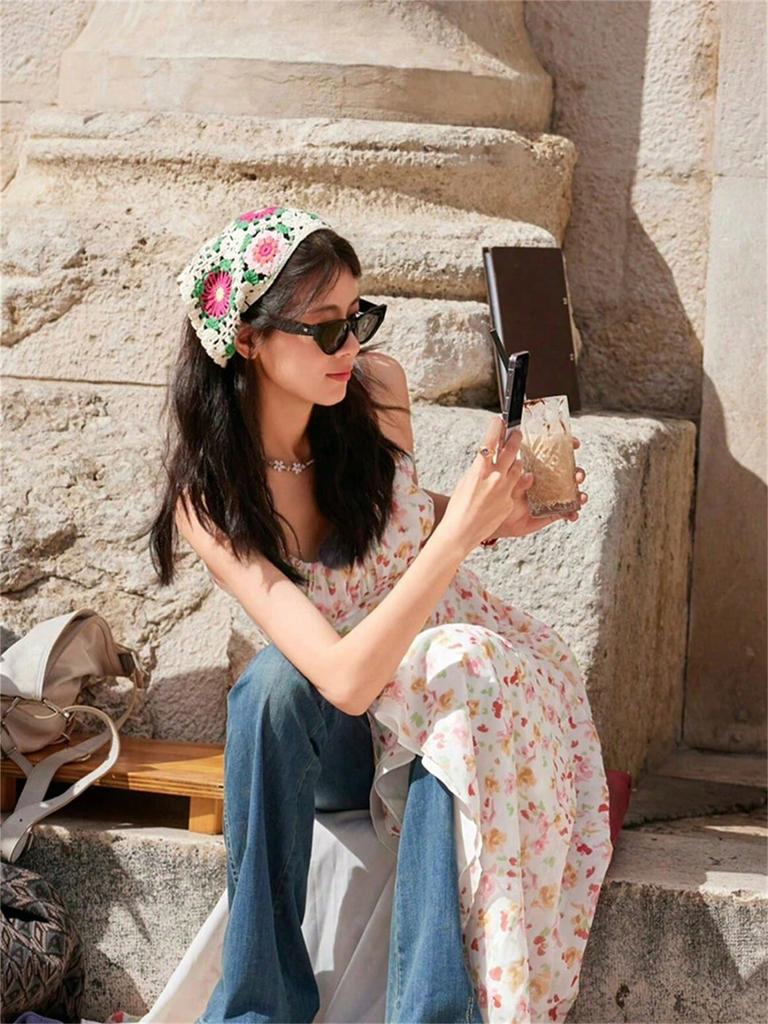 1 ladies vintage handmade crochet stitch mesh red cute sweet little daisies strawberry headband Binding Bandana Headband