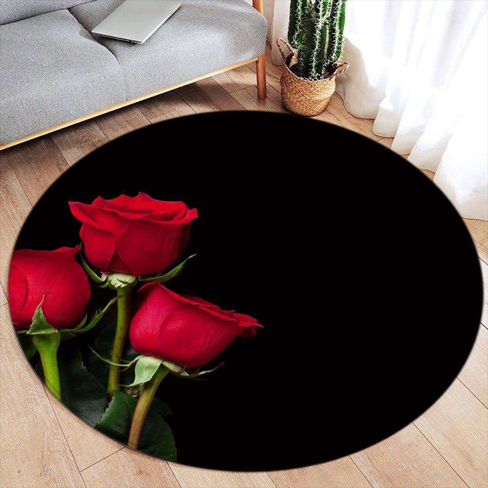 Red Roses Romance Round Carpet Modern Home Carpet Decor Flower Bedroom Living Room Floor Mat Flannel Round Area Rug