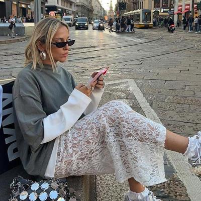 Women Lace Long Solid Color Ankel-Length Skirts High Waist