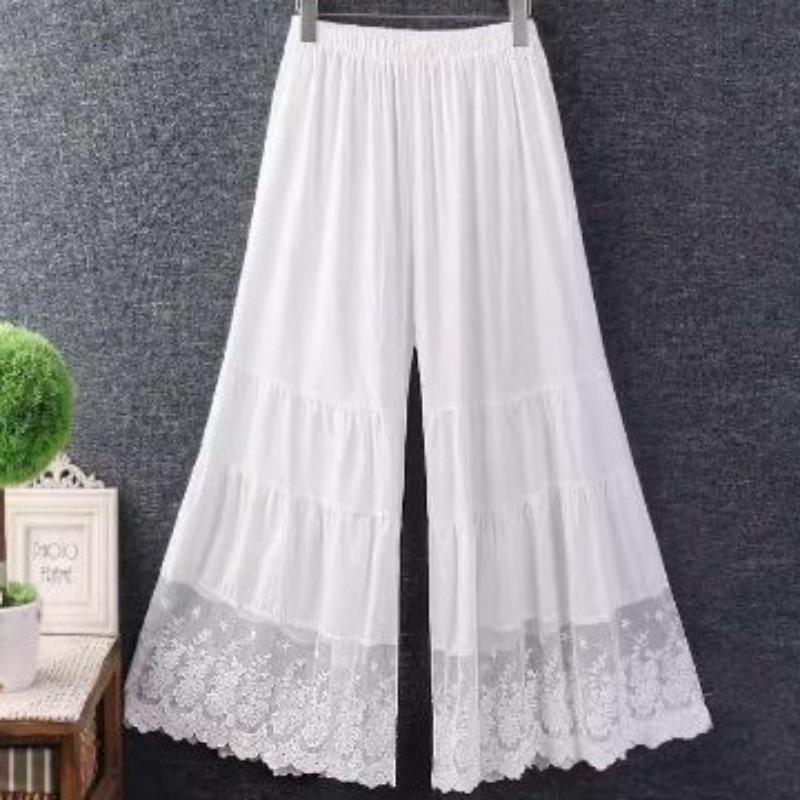 Sweet and Fresh Cropped Pants In Spring and Summer, Loose Oversized Embroidered Patchwork Lace Solid Color Micro Flared Pants