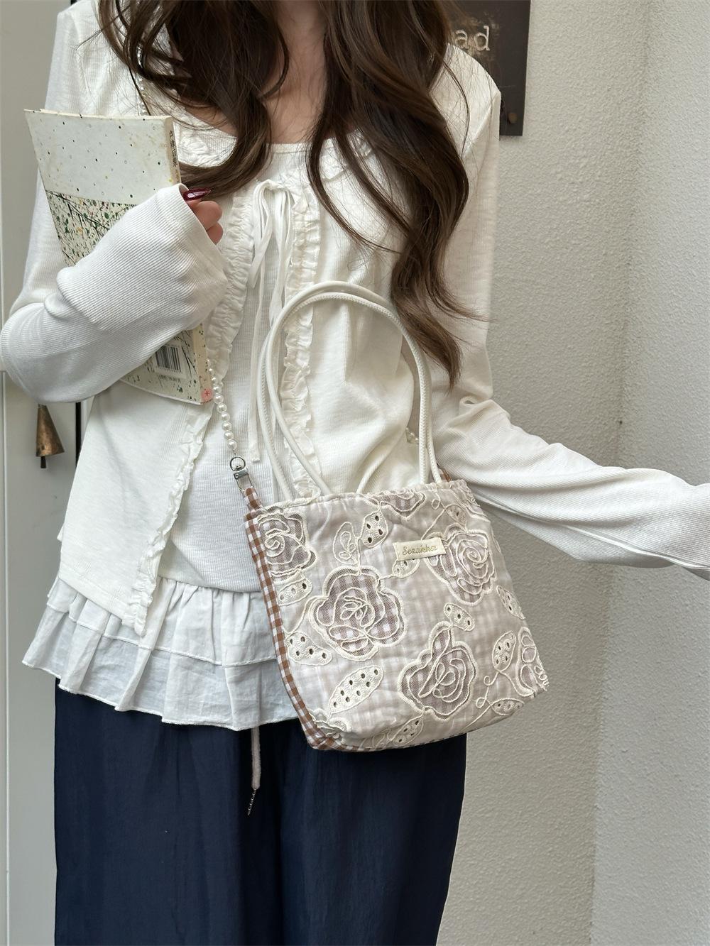 

Simple Flower Canvas Handheld Bag - Large Capacity Square Student Handbag for Women коричневый