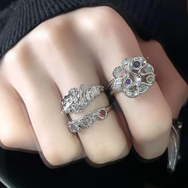 Niche Design Ring, Personalized French Irregular Fashion, Open Zircon Stacking, High-End Texture Index Finger Ring.