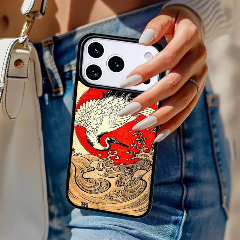 Red Sun Japanese Flying Crane Phone Case For iPhone 17 Air 14 15 13 12 Max Cover For Apple 16e 11 Pro Max Plus Coque