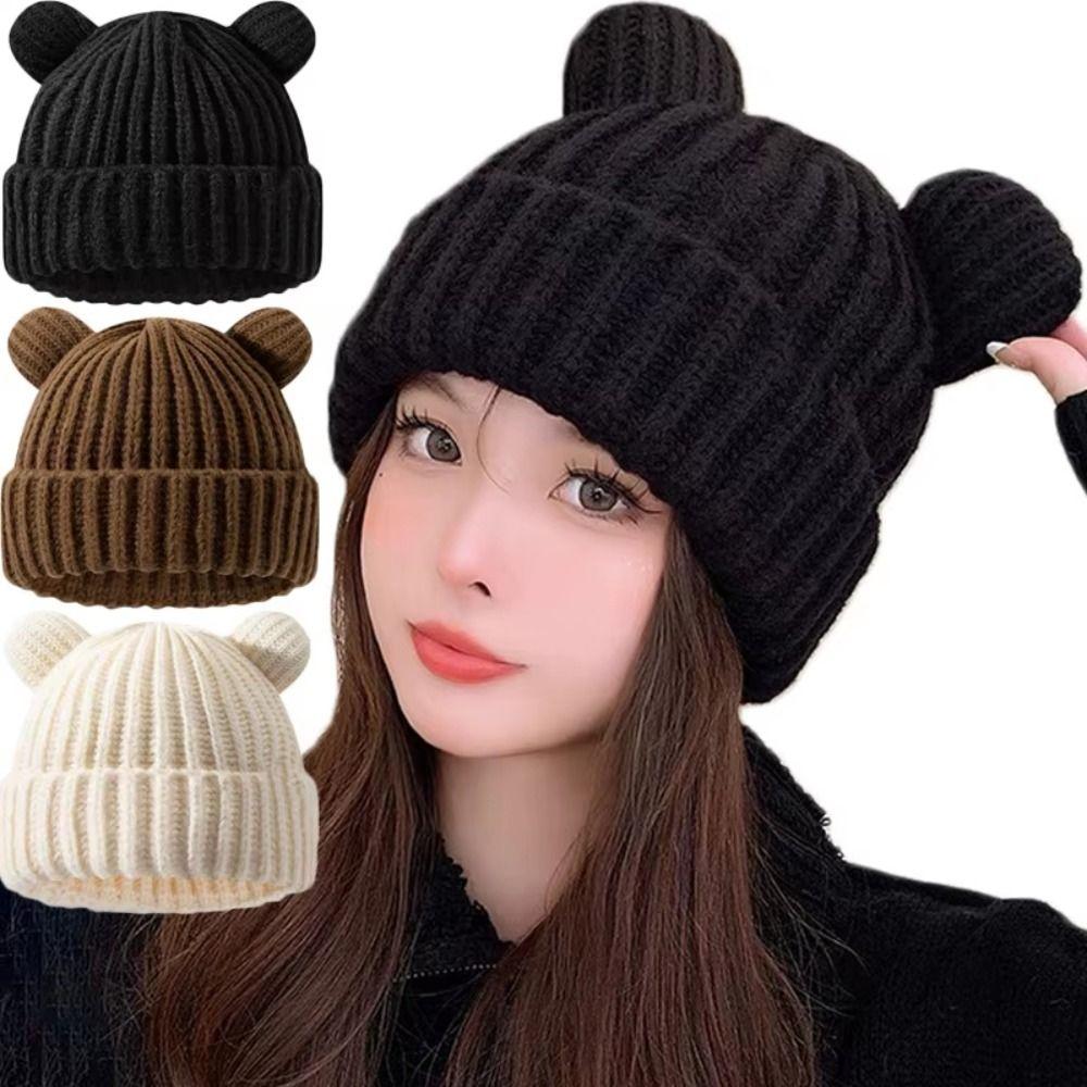 Thickened Snow Beanies Cap Bear Ear Hat Scarf Set Casual Winter Balaclava  Neck Warmer