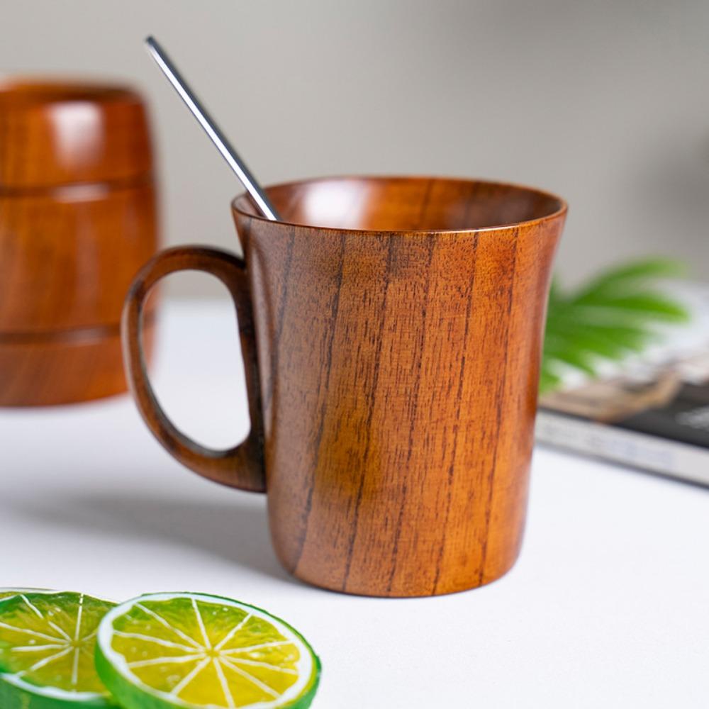 Solid Wood Water Cup Household Mug Simple Milk Cup Handle Retro Coffee Cup Breakfast Tea Cup