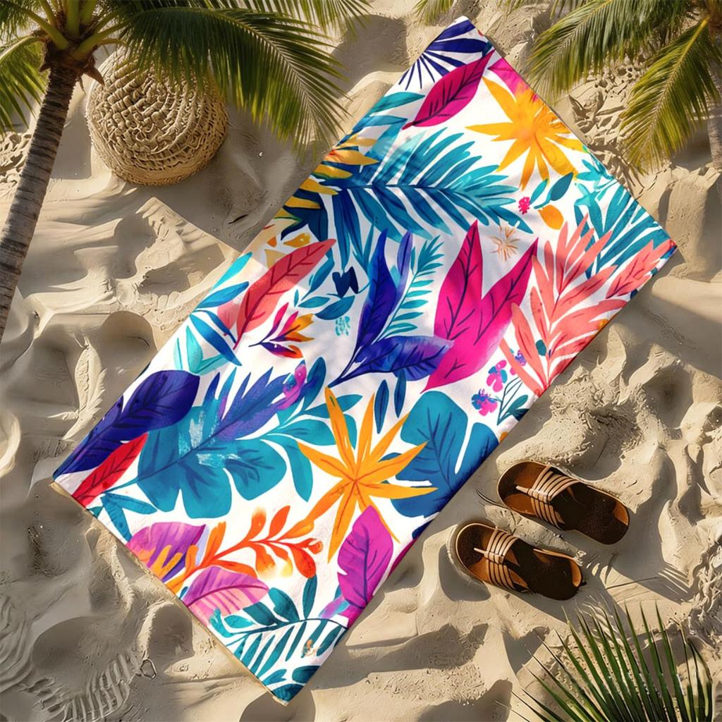 Watercolor Design of Tropical Plants polyester microfiber beach towel is highly absorbent, suitable swimming and beach outings