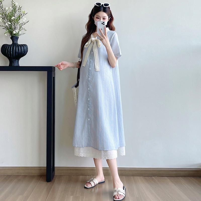 Striped Lace Patchwork Bow Maternity Dress