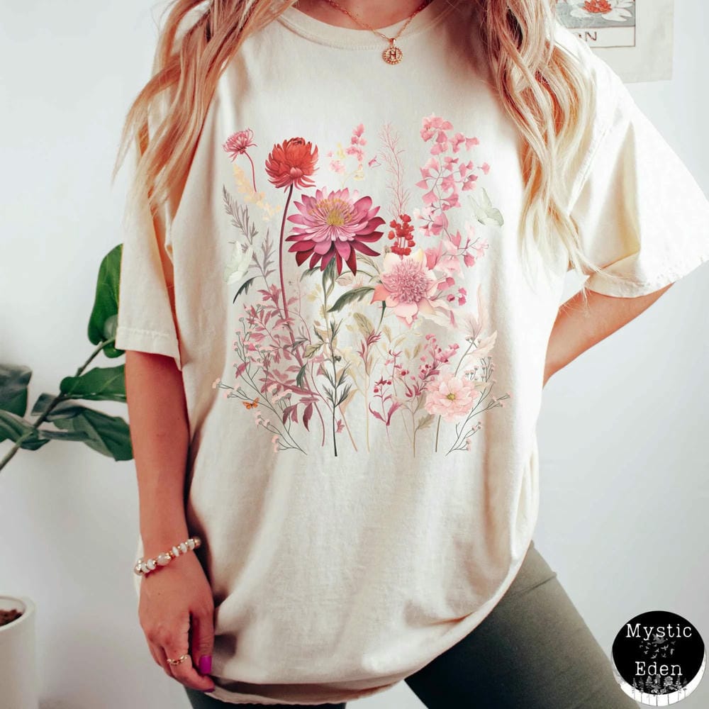Cottagecore Tshirt Botanical Purple Floral Tee Vintage Boho Wildflowers Comfort TShirt Apparel Trendy Y2K Casual Streetwear S