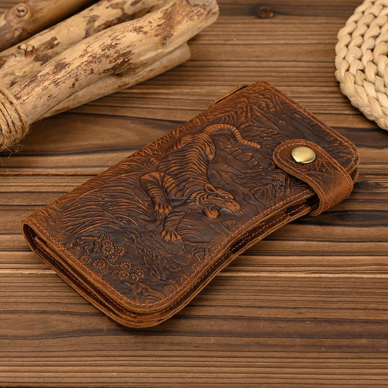 Newsbirds luxury designer men leather wallet 3D Tiger Dragon embossing cowhide men's wallet with iron chain high fashion