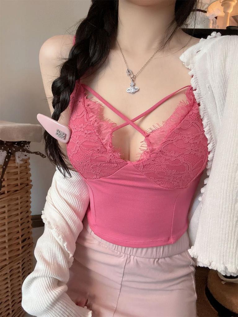 Summer sexy solid color lace cross sling vest women with chest pad inside and outside wear slim and slim back top
