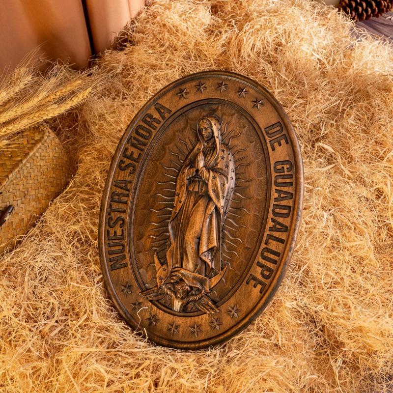 Virgin Mary of Guadalupe Statue, Oval Wood Carving Ornament, Home Wall Art Decoration, Catholic Religious Figure, Christian Gift