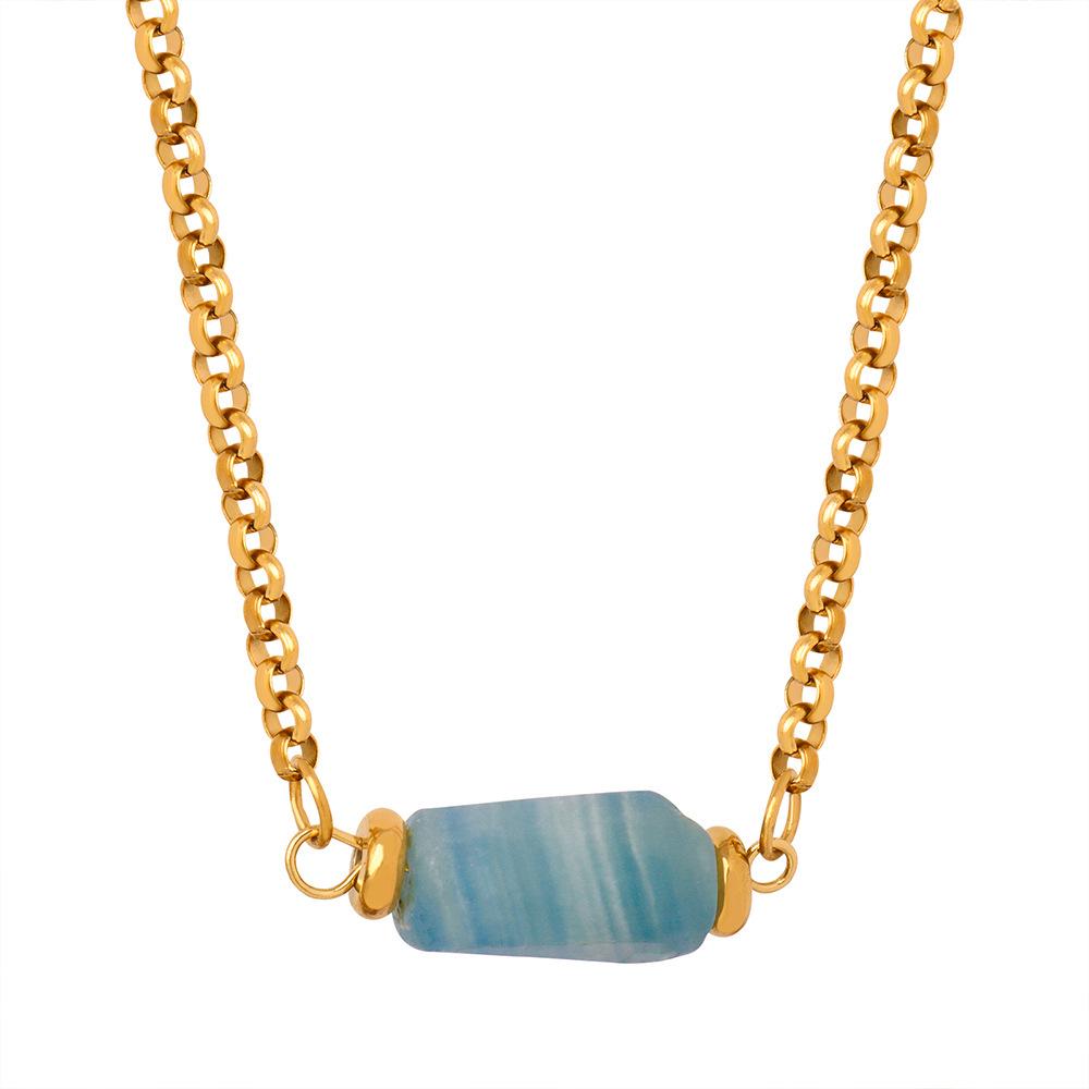 European-American Retro Geometric Natural Stone Pendant Necklace in Gold-Plated Titanium Steel