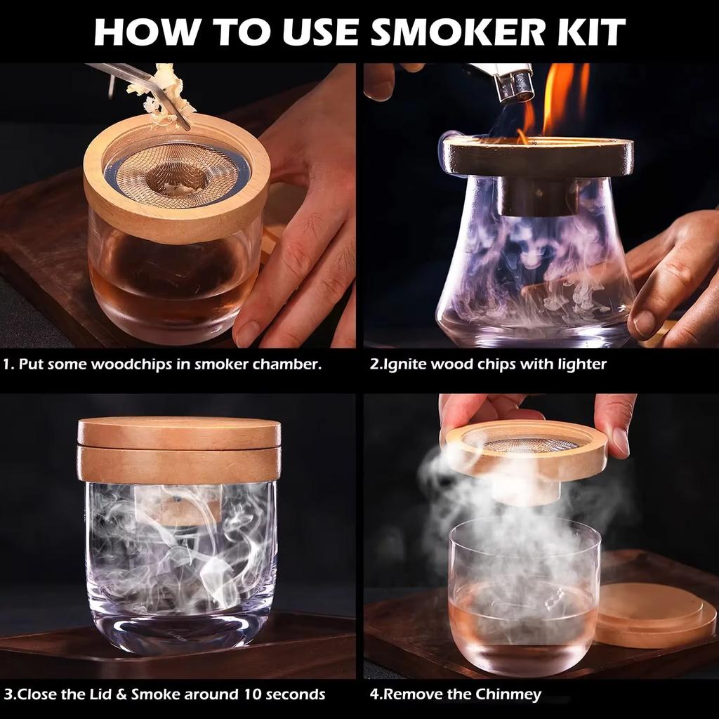 Wooden Cocktail Smoker Kit With 5 Flavor Wood Chips Whiskey Smoking Wood Chips Box Cocktails Infuser Kit Kitchen Accessories