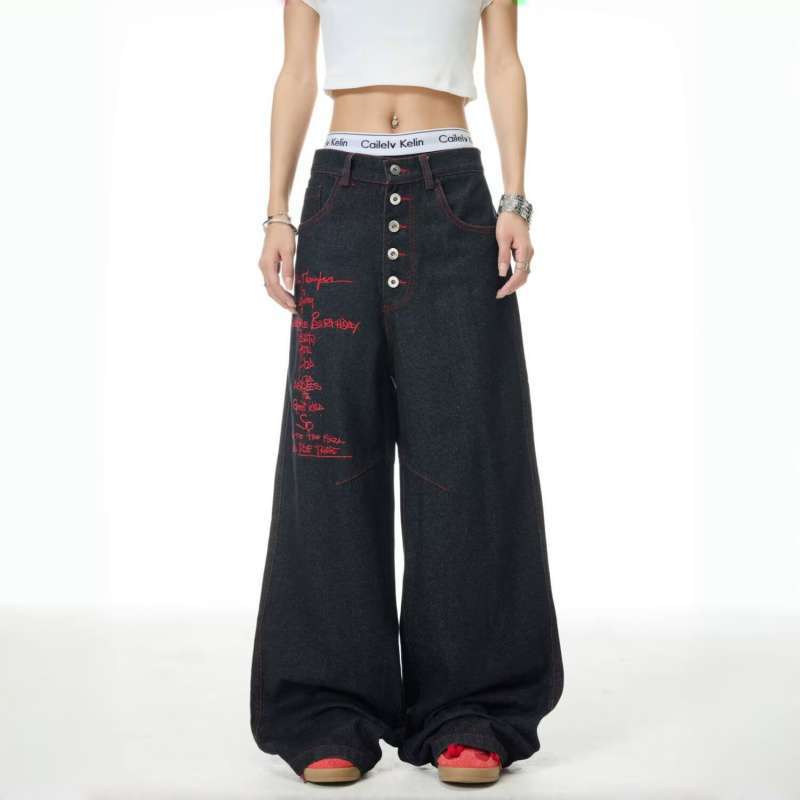 JYL Unisex Wide-Leg Jeans American Ripped Patch Cleanfit Casual Couple Denim XL амарантовый
