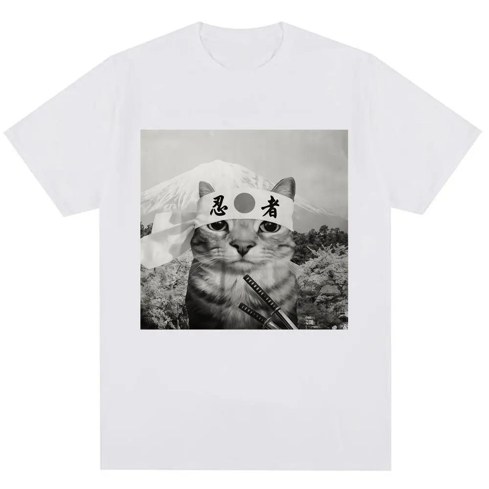 Funny Japanese Samurai Cat Meme Graphic TShirt Unisex Trendy Vintage Humorous Oversized 100 Cotton Casual Short Sleeve Tee