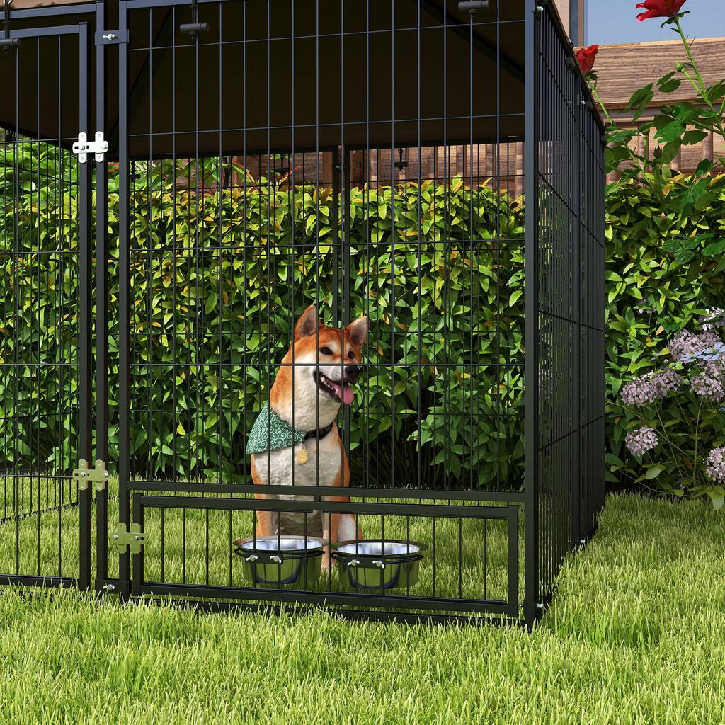 Metal and Oxford Fabric Dog Playpen with Bowl Door, 141x141x151 cm, Black and Brown