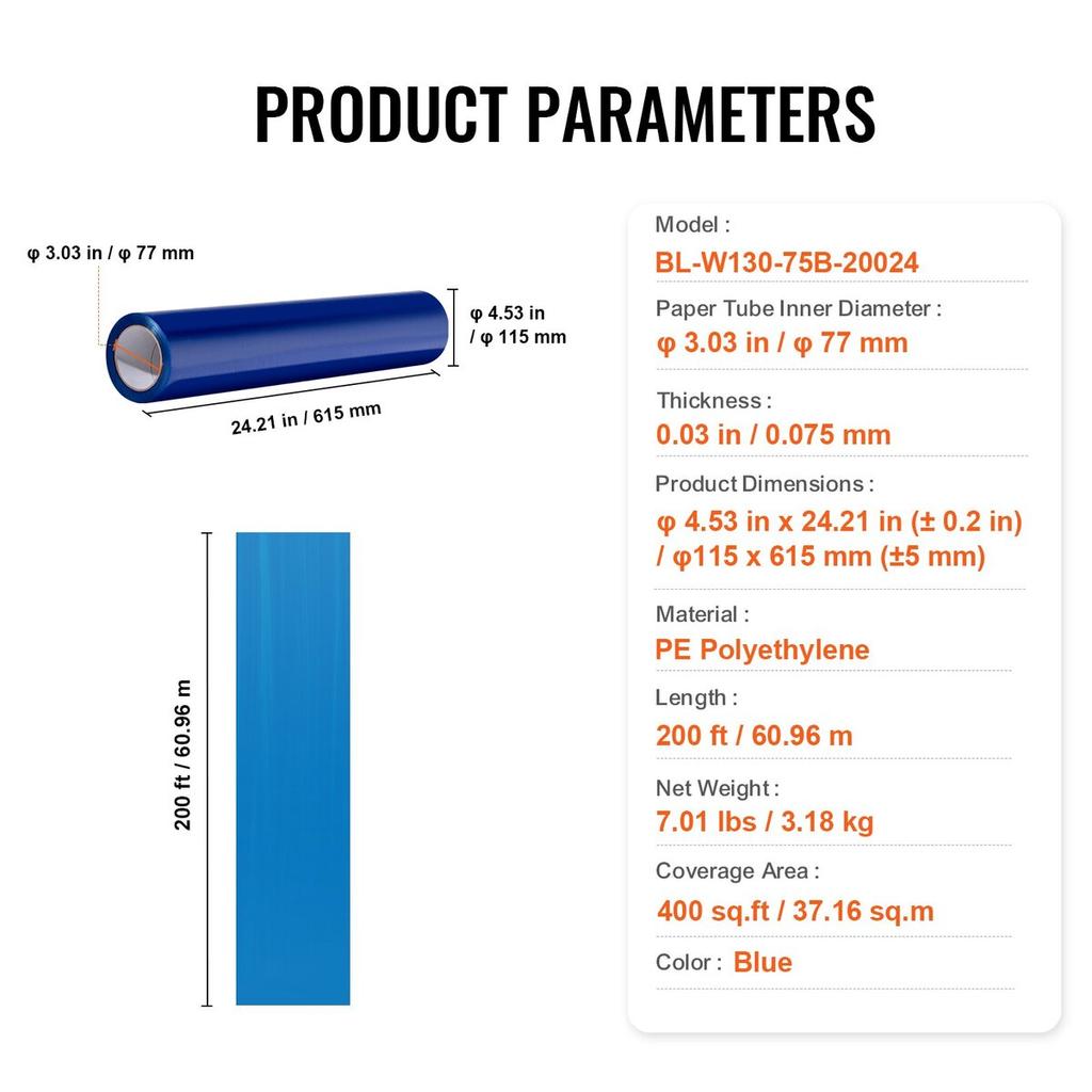 Floor Protection Film 24" X 200' Self Adhesive Car Mat Protector PE Blue