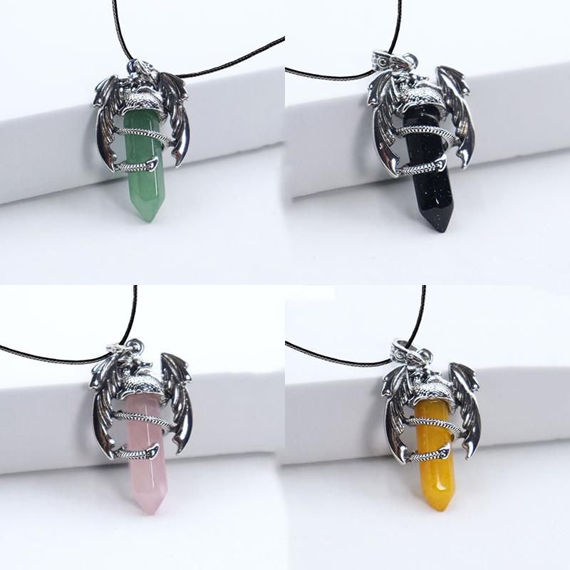 Animal Dragon Man Necklace Natural Gem Stone Healing Pink Quartz Hexagonal Crystal Pendant Vintage Jewelry for Women Gift