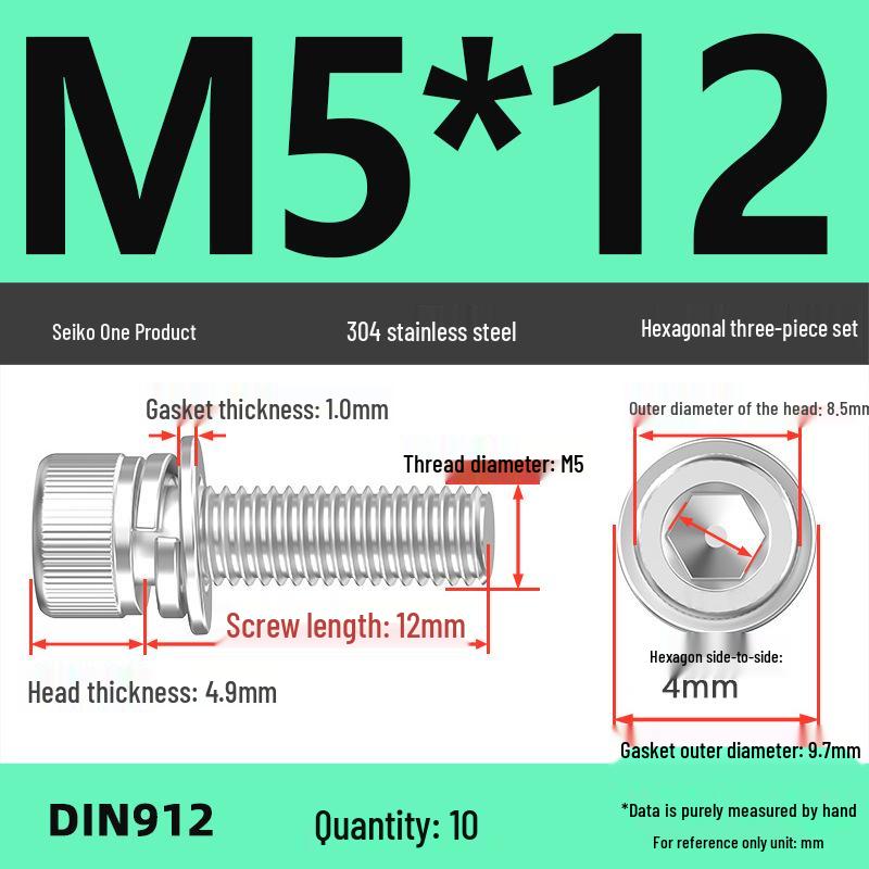 304 Stainless Steel Hex Socket Cap Screw with Washer - Sizes M3, M4, M5, M6, M8, M12