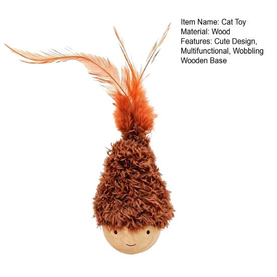 Wobbling Cat Toy Wooden Base Cat Teaser with Feathers Interactive Wobble Cat Kicker Toy for Cat Patting Solo Entertainment