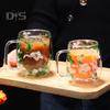 250ml Double Walled Glass Mug Clear Floral Wide Mouth Cup with Handle Insulated Coffee Tumbler for Coffee Tea Chocolates