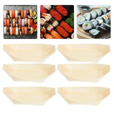 50pcs Sushi Shushi Wood Boat Natural Bamboo Disposable Kayak Sushi Plate Tray Salad Fruit Dessert Pine Cake Boat Snack Bowl Mat