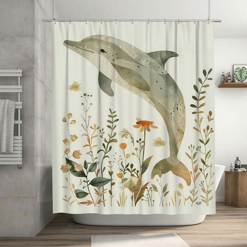 Rideau de douche élégant Dauphin Floral Tissu Imperméable Décor de Bain pour Décoration de la Maison