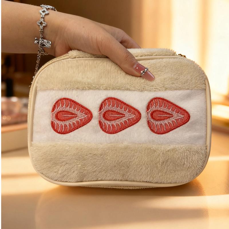 Women's Plush Embroidered Strawberry Cosmetic Bag - High Capacity & Quality