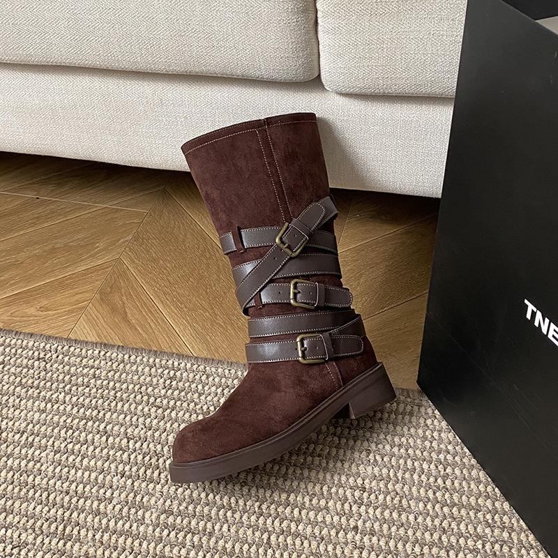 

Retro niche belt buckle thick heel Martin boots 2025 new autumn and winter round head versatile sleeve locomotive boots women 40 коричневый