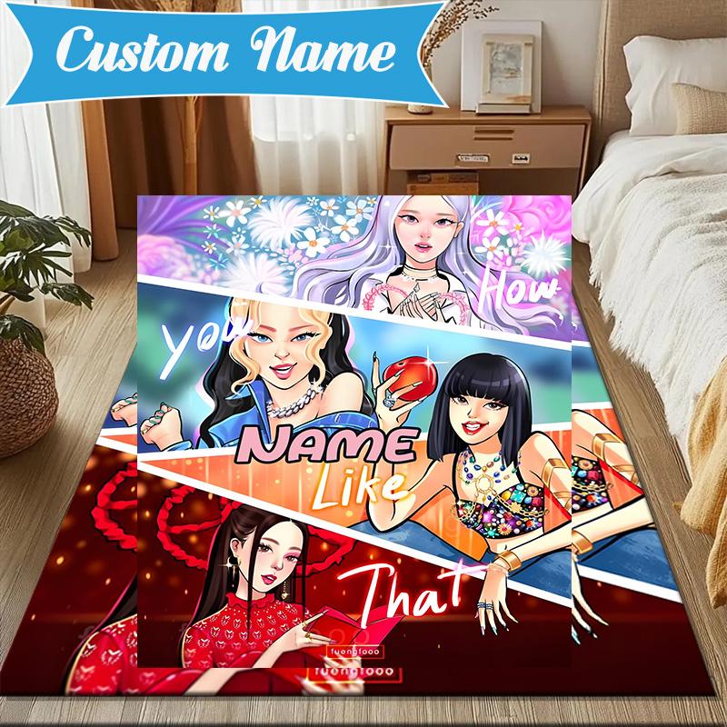 Custom Name Kpop BP Fantasy Rug for Living Room, Game Rooms, Office, Bedroom, Floor Mat Playful Design, fan gifts Christmas decor