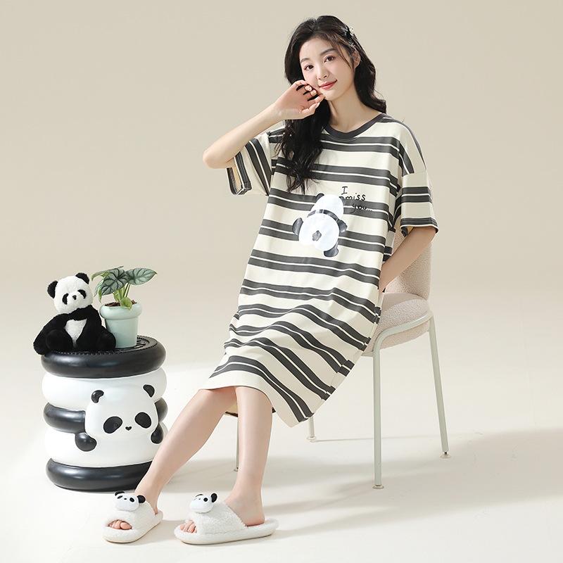 7A Women's Antibacterial Cotton Nightgown, Short Sleeve, Plus Size, Medium Length, Versatile for Outdoor Wear, Sweet Summer Home Dress