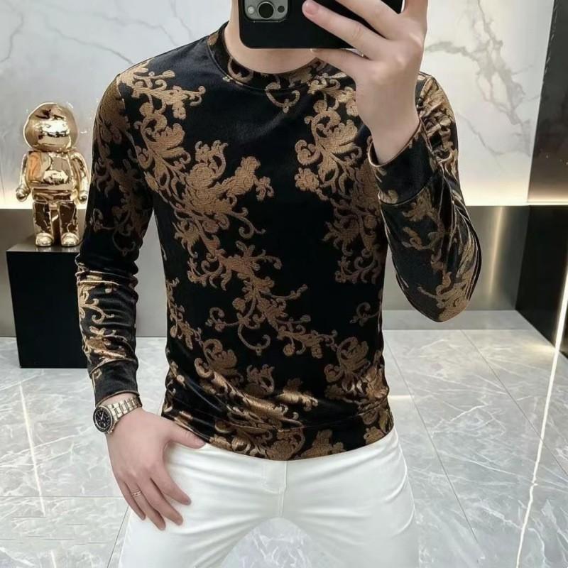 Mens Velvet Long Sleeve T-Shirt Vintage Jacquard Crew Neck Slim Fit Base Top Trendy
