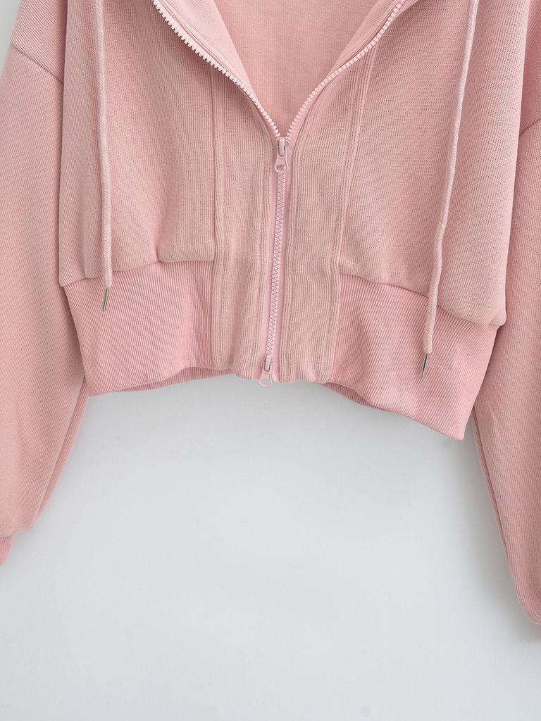 Women's Trendy European & American Double Zipper Hooded Sweatshirt - Solid Color, Loose Fit, High Waist Casual Jacket