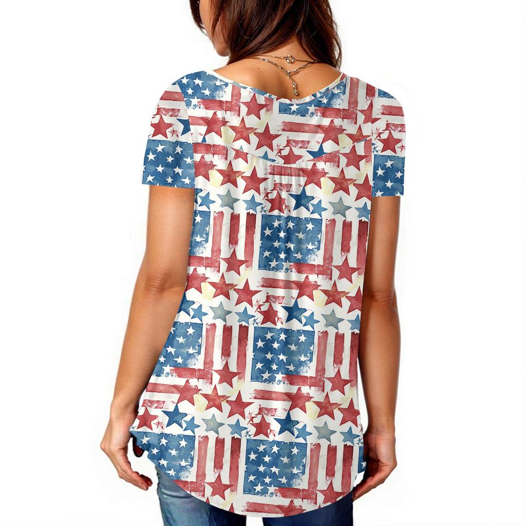 Women Tunic Tops Dressy Casual Summer Short Sleeve Shirts Loose Fit Pleated Boho Top Independence Day
