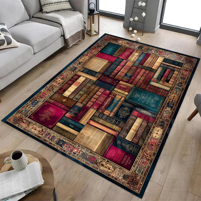 Vintage Bookshelf Colorful Floral Green Plant Non Slip Floor Rug Book Lover Library Reading Room Washable Indoor Living Bedroom Area Carpet