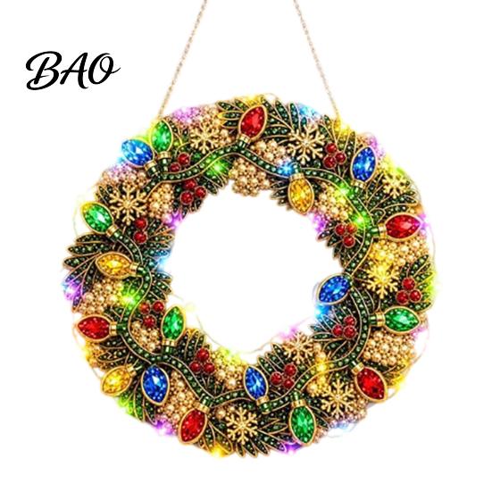 Festive Door Hanging Ornament DIY Acrylic Christmas Faux Pearl Art Kit, Lighted Wreath 3D Beaded Craft Mantelpiece Kit with LED String Light, Beginner