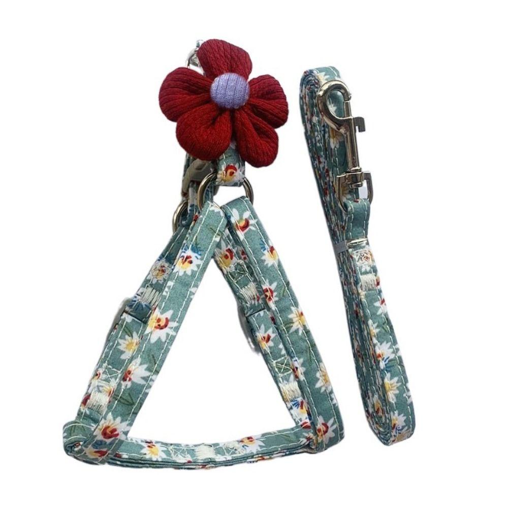 

Traction Rope Breathable Pet Accessories Vest-Style Pet Harness Dog Collar Leash Pet Harness Belt green-M-button flower