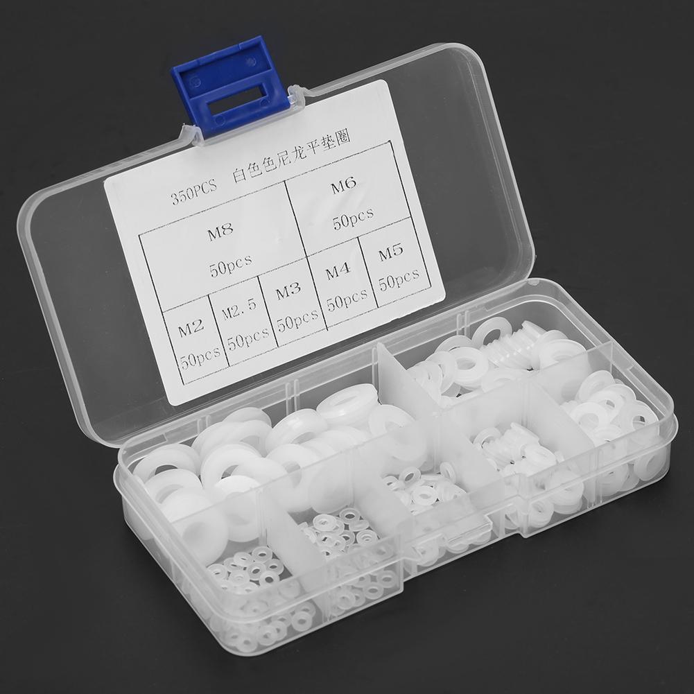 350pcs White Nylon Plastic Washer Flat Gasket Ring Kit M2 M2.5 M3 M4 M5 M6 M8
