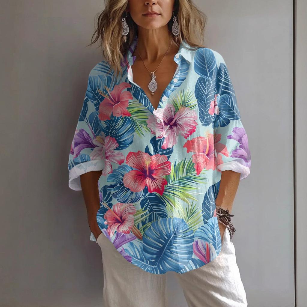 Women's Casual Spring And Summer Loose Printed Casual Sleeved Lapel Pullover Shirt