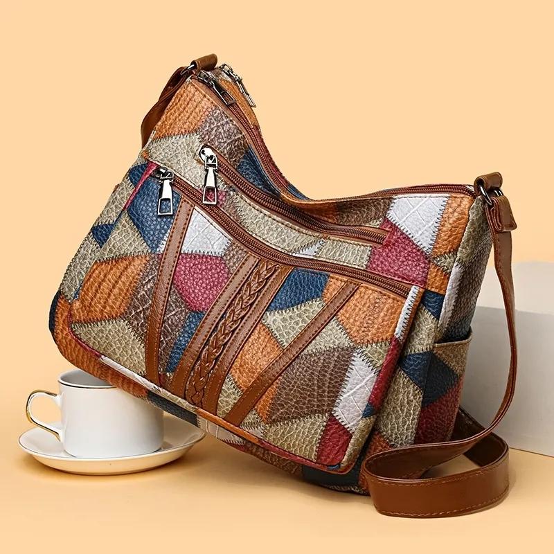 Yogodlns Dámská elegantní vintage kabelka přes rameno Trendy kabelka Módní kabelka s mnoha kapsami Taška přes rameno Retro crossbody kabelka na každý den