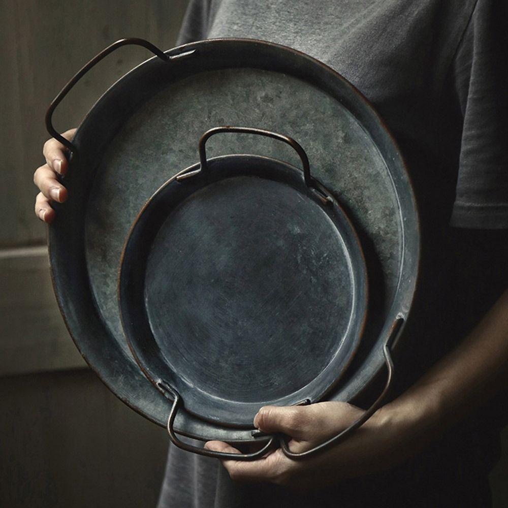 With Handle Round Bread Trays Retro Metal Plate Storage Bread Serving Tray Decorative Tray