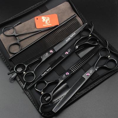 Tijeras profesionales para mascotas de 7.0" y 8.0" para el cuidado de perros, tijeras rectas, curvas y dentadas, juego de 4 piezas con dientes FeShark y bolsa para peine.