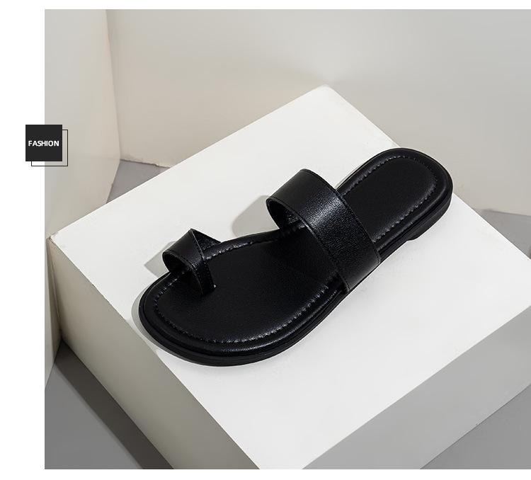 Women's Genuine Leather Large Flat Toe Post Casual Flip Flops - Non-Slip, Fashionable and Simple Design for Beach Wear